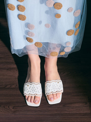 Leather Embroidered Slide Sandals, White, hi-res