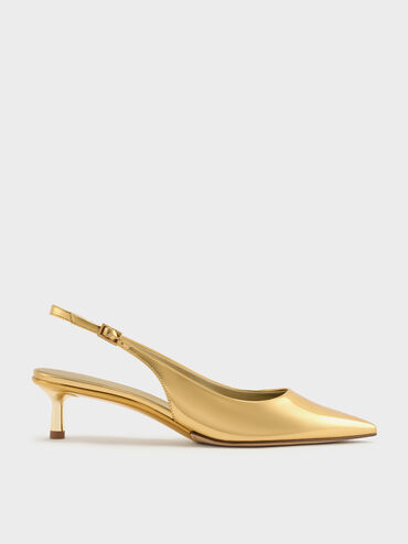 Curtis Metallic Pointed-Toe Kitten-Heel Slingback Pumps, Gold, hi-res