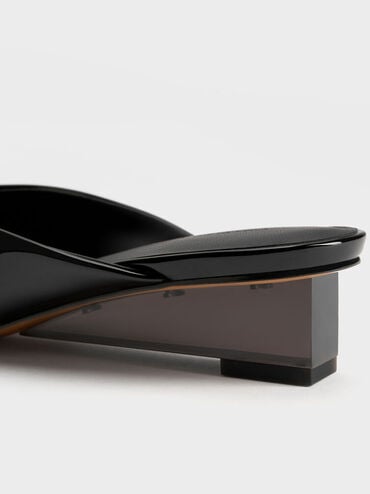 Patent Translucent-Heel Wedge Mules, Black Patent, hi-res