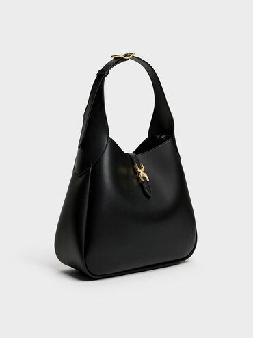 Adalyn Metallic-Buckle Belted Hobo Bag, Black, hi-res