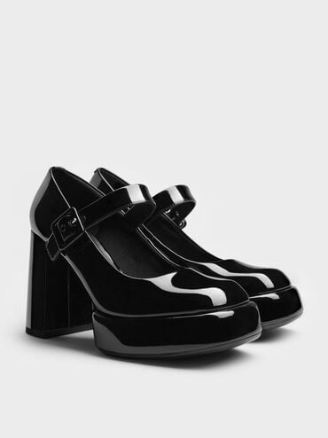 Patent Block-Heel Platform Mary Jane Pumps, Black Patent, hi-res