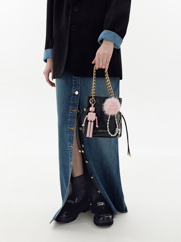 Pearl Beaded-Strap Furry Ball Charm, Cotton Candy Pink, hi-res