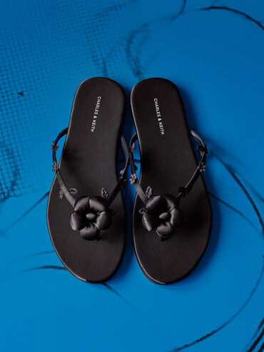 Puffy Flower Thong Sandals, Black Textured, hi-res