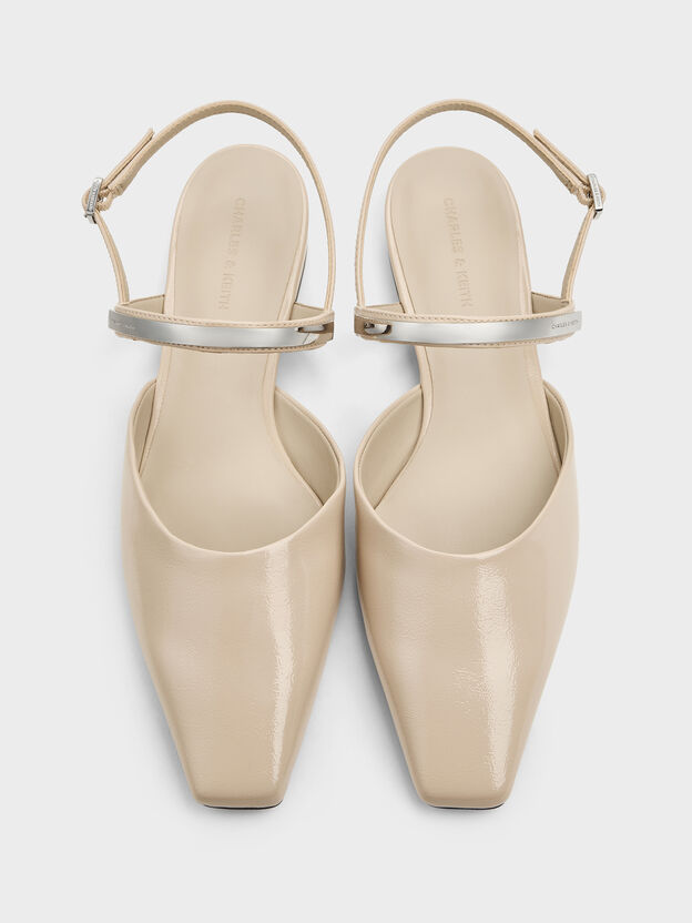 Patent Metallic-Bar Slingback Flats, Beige, hi-res