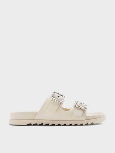 Gem-Buckle Double-Strap Sandals, Chalk, hi-res