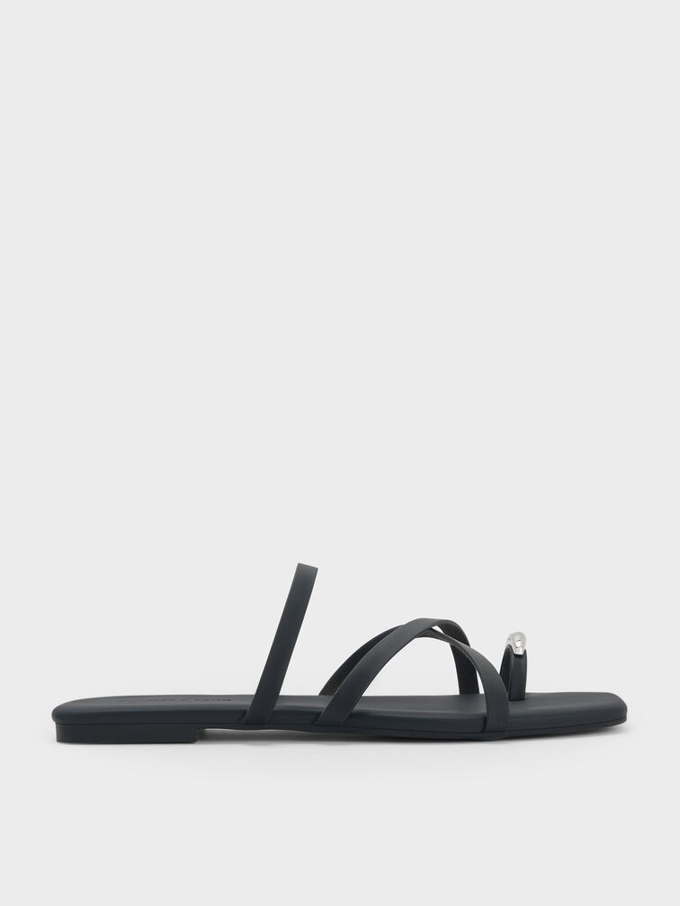 Metallic-Accent Strappy Toe-Ring Sandals, Black, hi-res