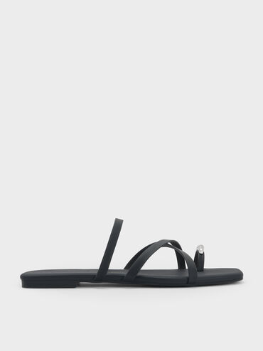 Metallic-Accent Strappy Toe-Ring Sandals, Black, hi-res