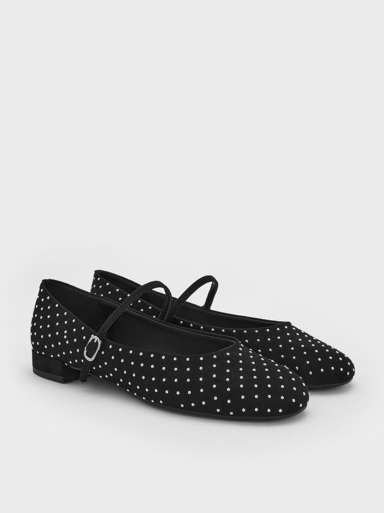 Gertrude Faux Suede Studded Mary Janes, Black Textured, hi-res