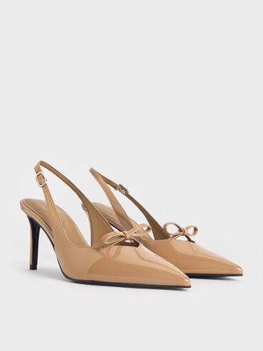 Patent Bow Slingback Pumps, Caramel, hi-res