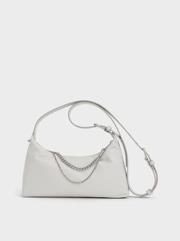 Nylon Chain-Link Trapeze Shoulder Bag, Light Grey, hi-res