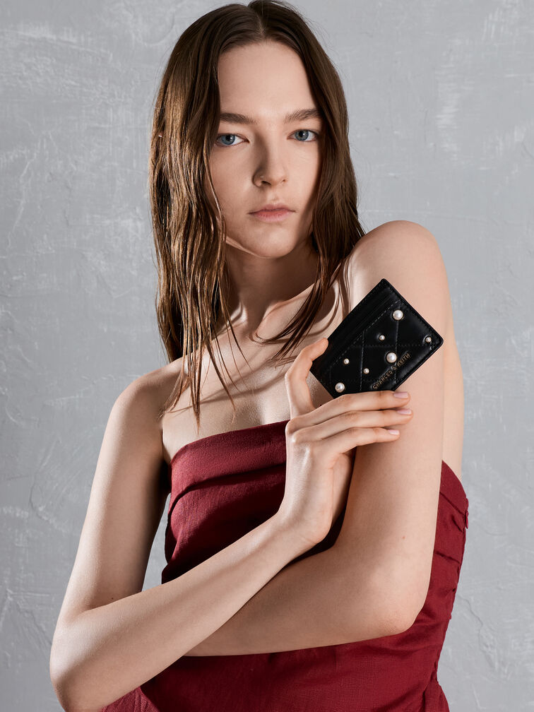 Janie Pearl-Embellished Quilted Card Holder, Black, hi-res
