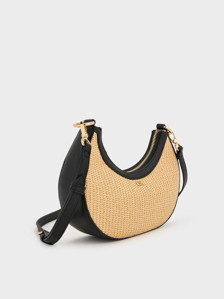 Leather & Raffia Crescent Hobo Bag, Neutral Raffia, hi-res