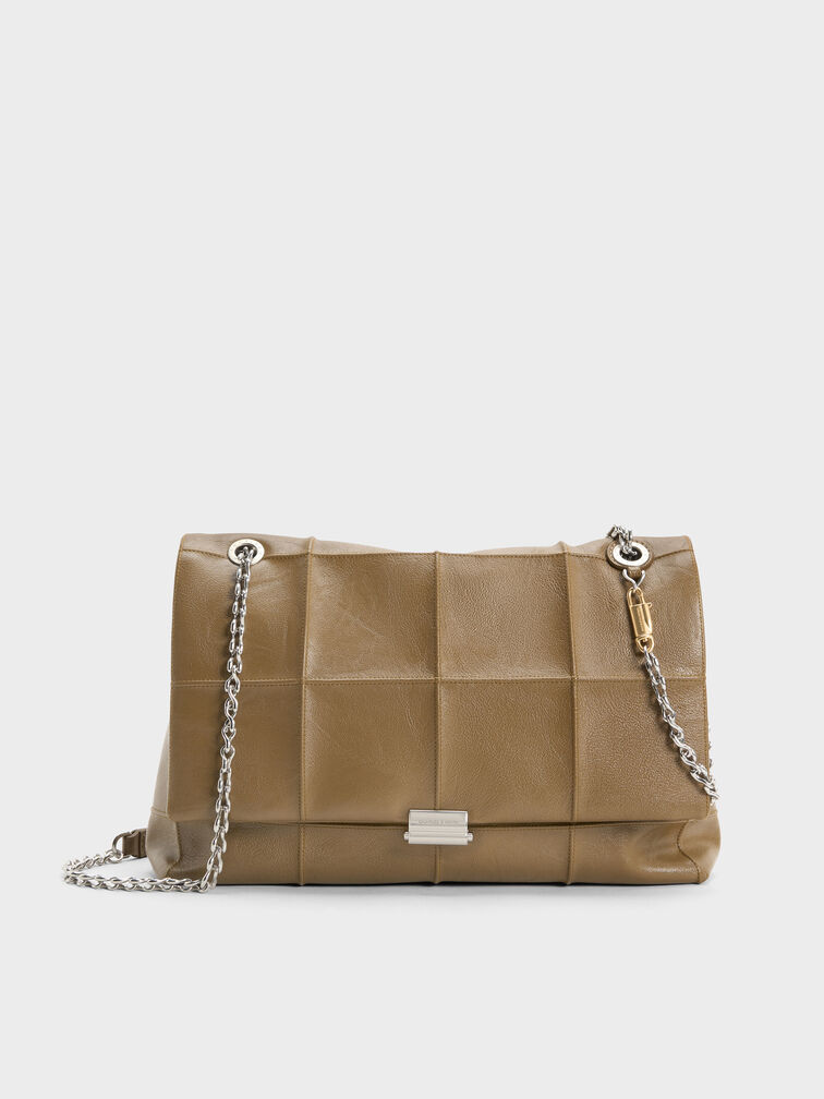 Large Delfina Quilted Chain-Strap Shoulder Bag, Walnut Brown, hi-res