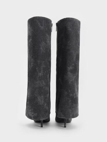 Denim Fold-Over Pointed-Toe Knee-High Boots, Dark Grey, hi-res