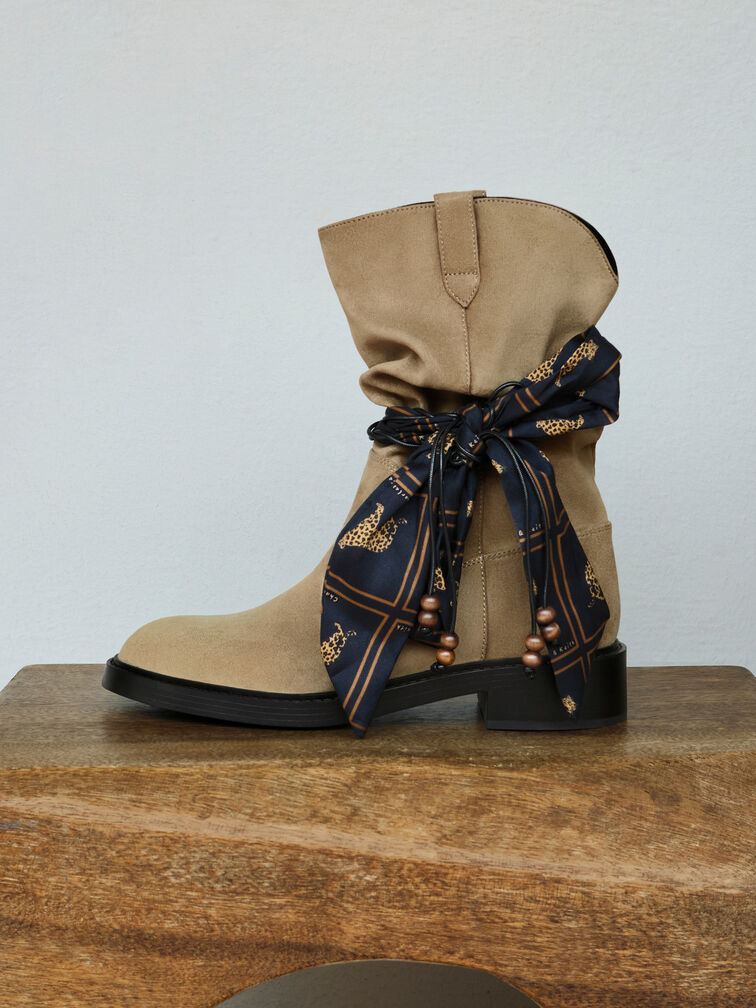 Faux Suede Printed-Scarf Calf Boots, Khaki, hi-res