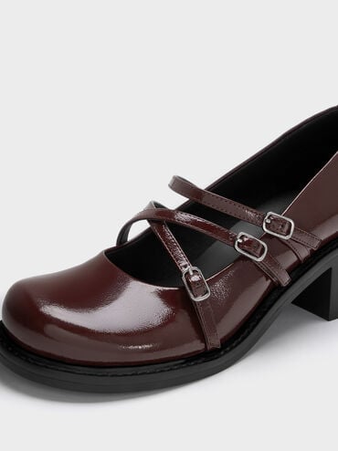 Patent Triple-Strap Crossover Block-Heel Mary Janes, Burgundy, hi-res