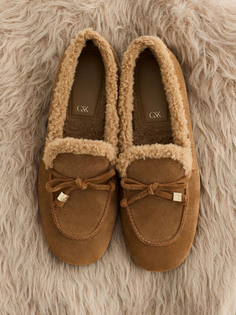 Gavyn Suede Shearling-Lined Boat Shoes, Brown, hi-res