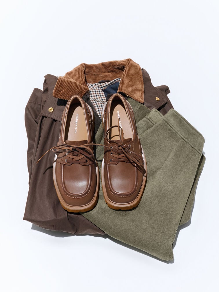 Ridged-Sole Boat Shoes, Cognac, hi-res