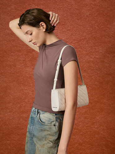 Ivette Woven Elongated Shoulder Bag, Cream, hi-res
