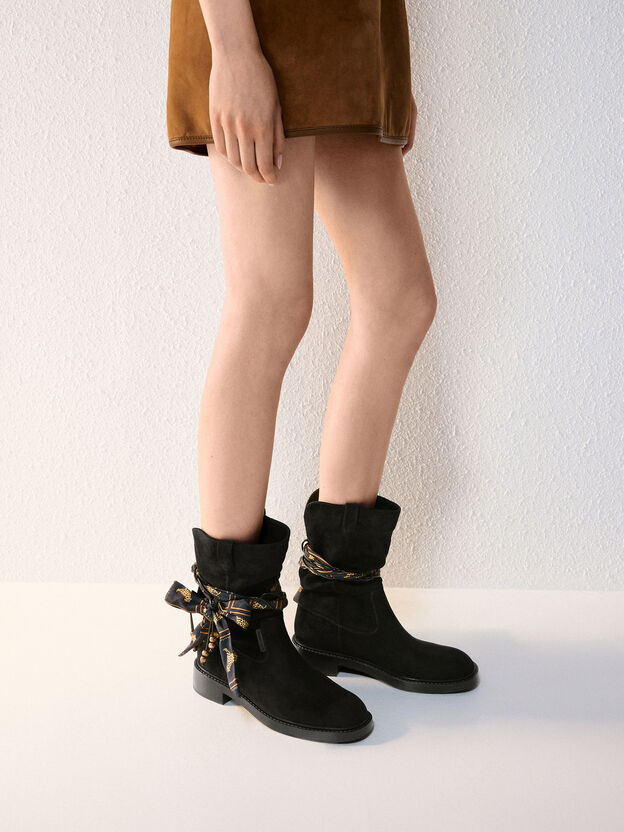 Faux Suede Printed-Scarf Calf Boots, Black Textured, hi-res