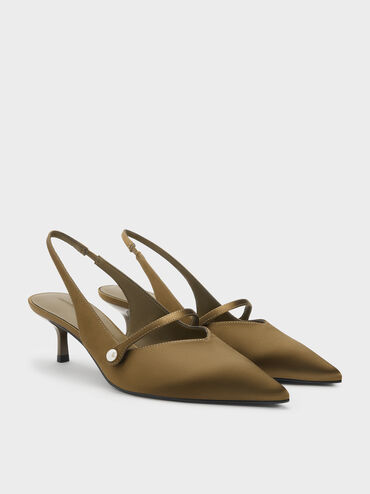 Helena Satin Pearl Slingback Kitten Heels, Olive, hi-res