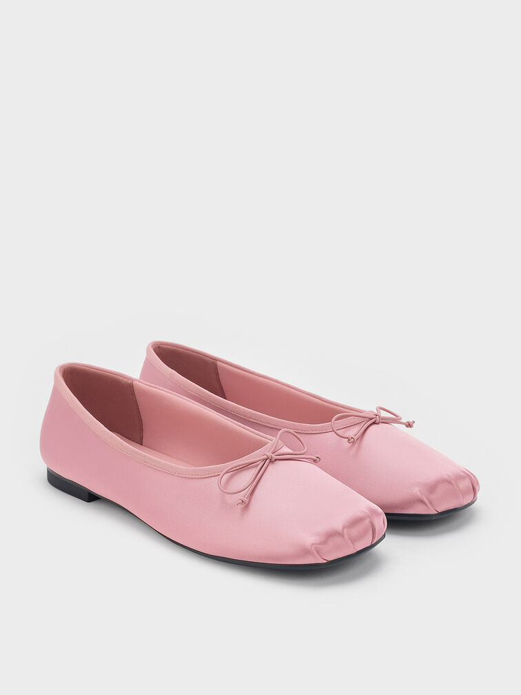 Satin Bow Ballet Flats, Pink, hi-res