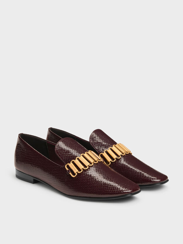 Snake-Print Metallic-Accent Loafers, Animal Print Burgundy, hi-res