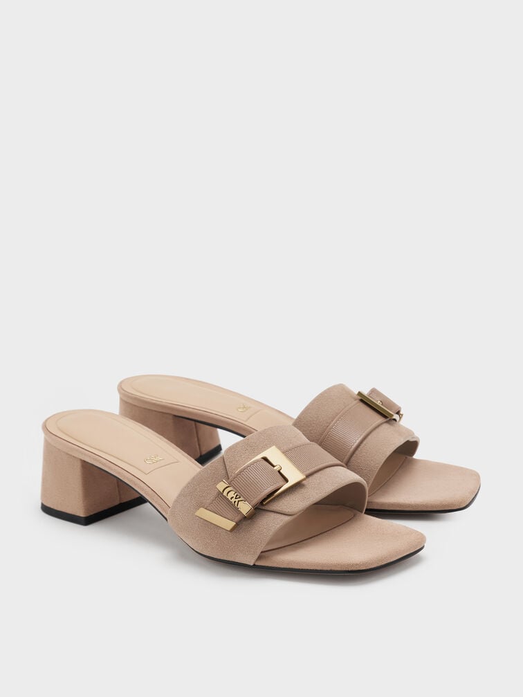 Whitney Suede & Leather Buckled Block-Heel Mules, Taupe, hi-res