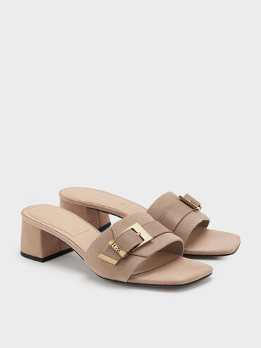 Whitney Suede & Leather Buckled Block-Heel Mules, Taupe, hi-res