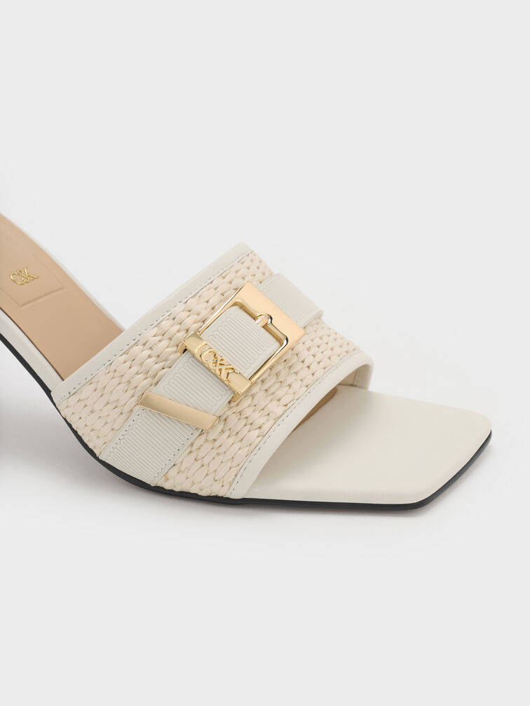 Whitney Leather & Raffia Buckled Heeled Mules, White, hi-res