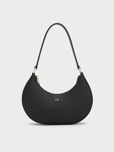 Leather Crescent Hobo Bag, Black, hi-res