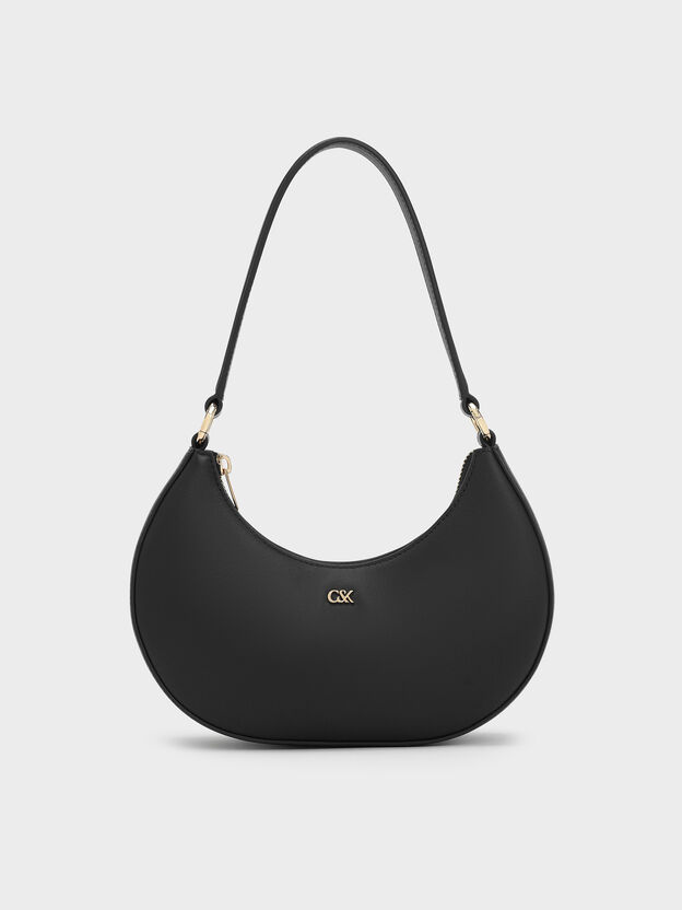 Leather Crescent Hobo Bag, Black, hi-res