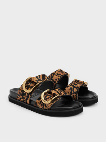 Gabine Leopard-Print Gold-Buckle Leather Slides, Animal Print Brown, hi-res