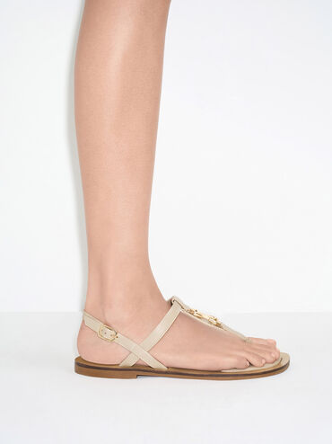 Trifina Metallic-Accent Thong Sandals, Taupe, hi-res