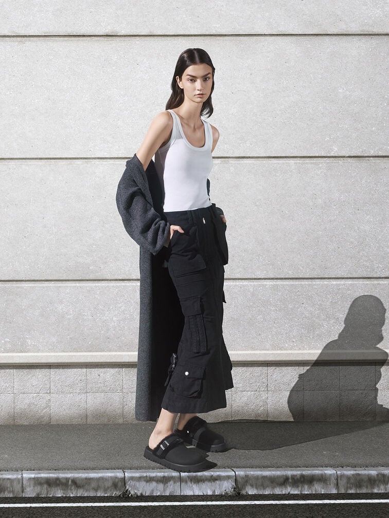 Hannah Textured Fur-Trim Buckled Mules, Black, hi-res