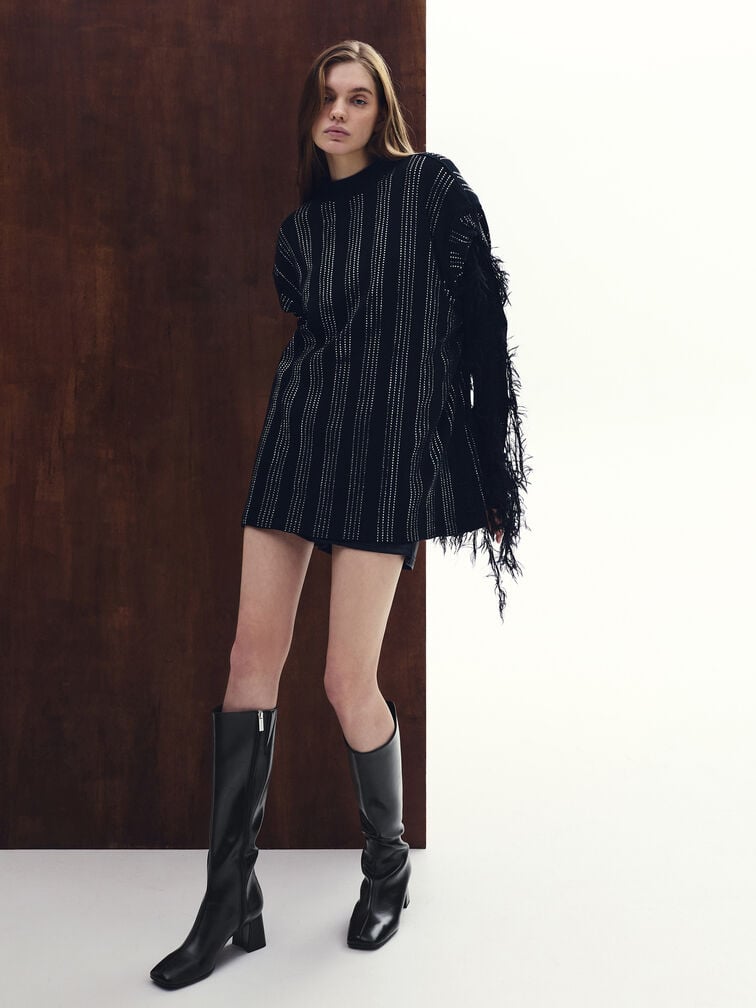 Square-Toe Side-Zip Knee-High Boots, Black, hi-res