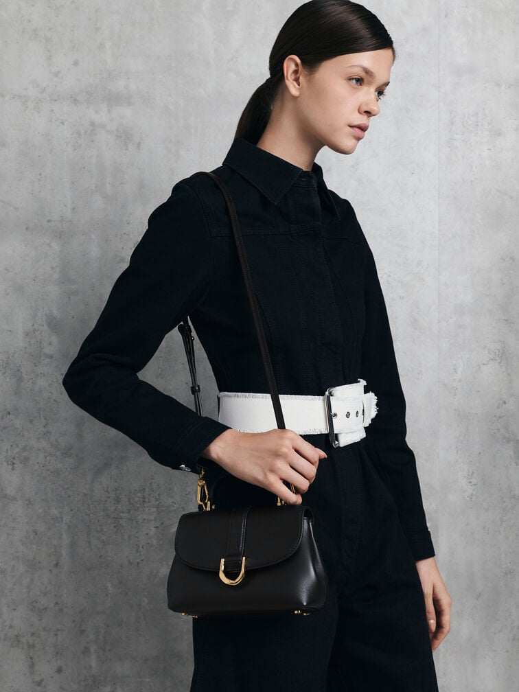 Gabine Leather Top Handle Bag, Black, hi-res