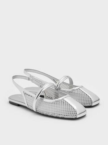 Ellory Mesh Slingback Mary Jane Flats, Silver, hi-res