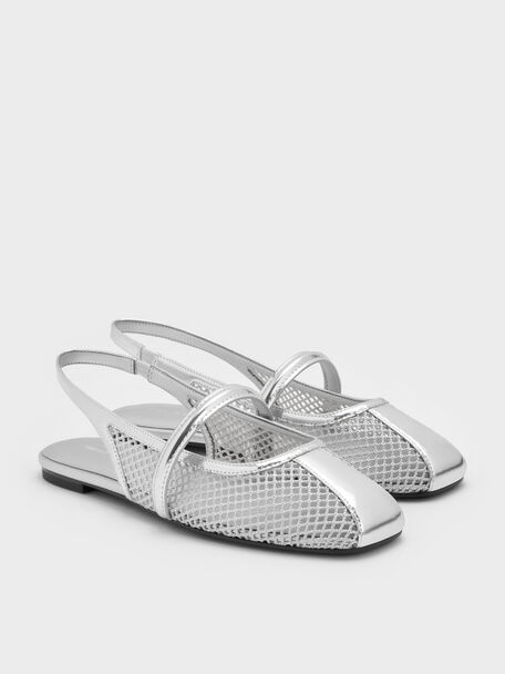 Ellory Mesh Slingback Mary Jane Flats, Silver, hi-res