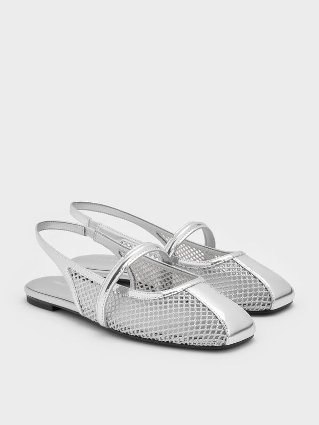 Ellory Mesh Slingback Mary Jane Flats, Silver, hi-res