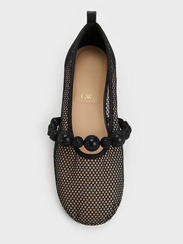 Leather Mesh Beaded Mary Jane Flats, Black Textured, hi-res