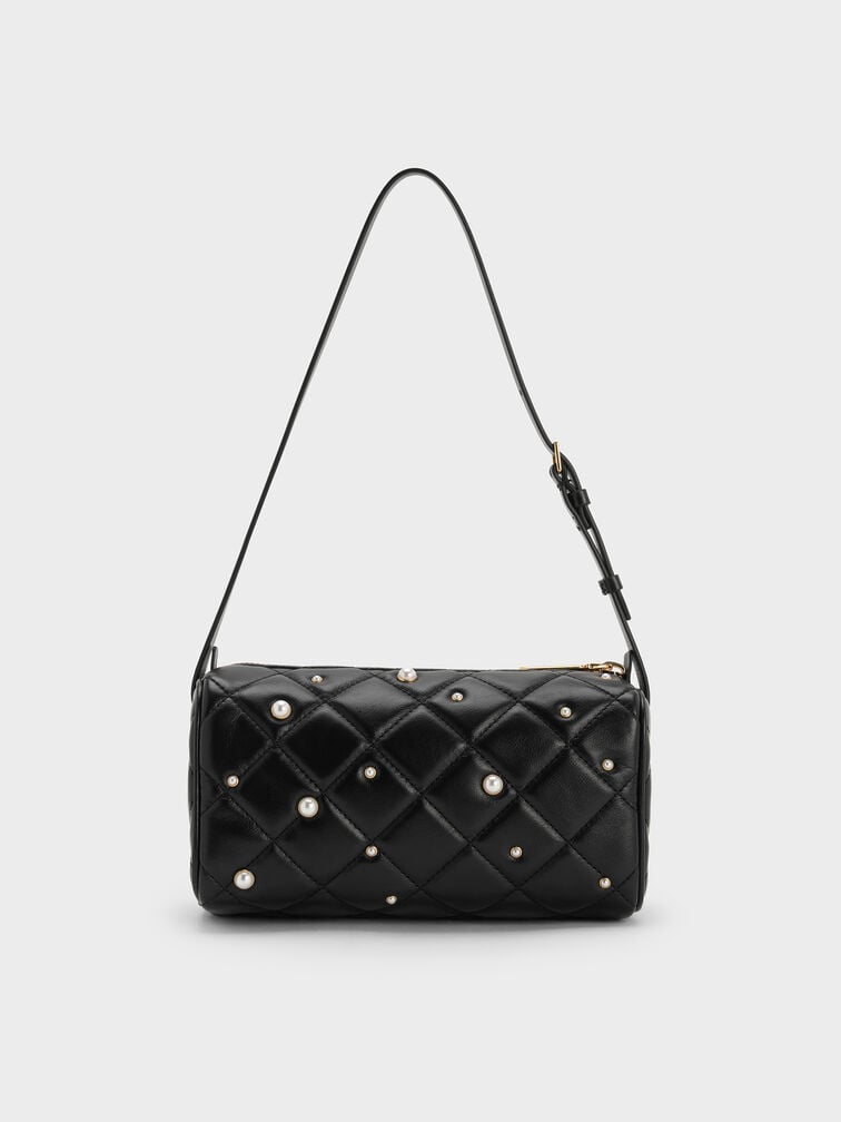 Janie Pearl-Embellished Quilted Shoulder Bag, Black, hi-res