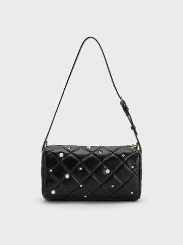 Janie Quilted Pearl Shoulder Bag, Black, hi-res
