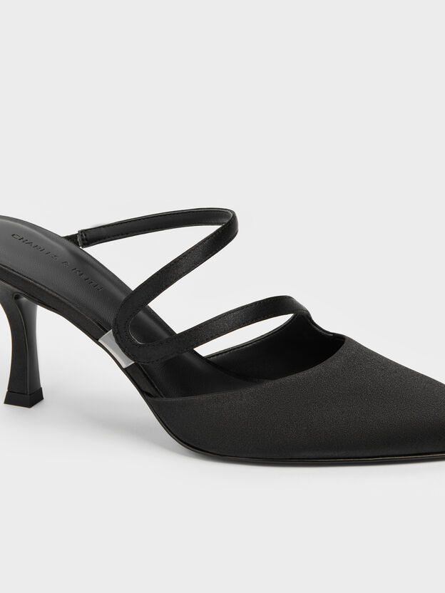 Arden Satin Pointed Wavy Heeled Mules, Black Textured, hi-res