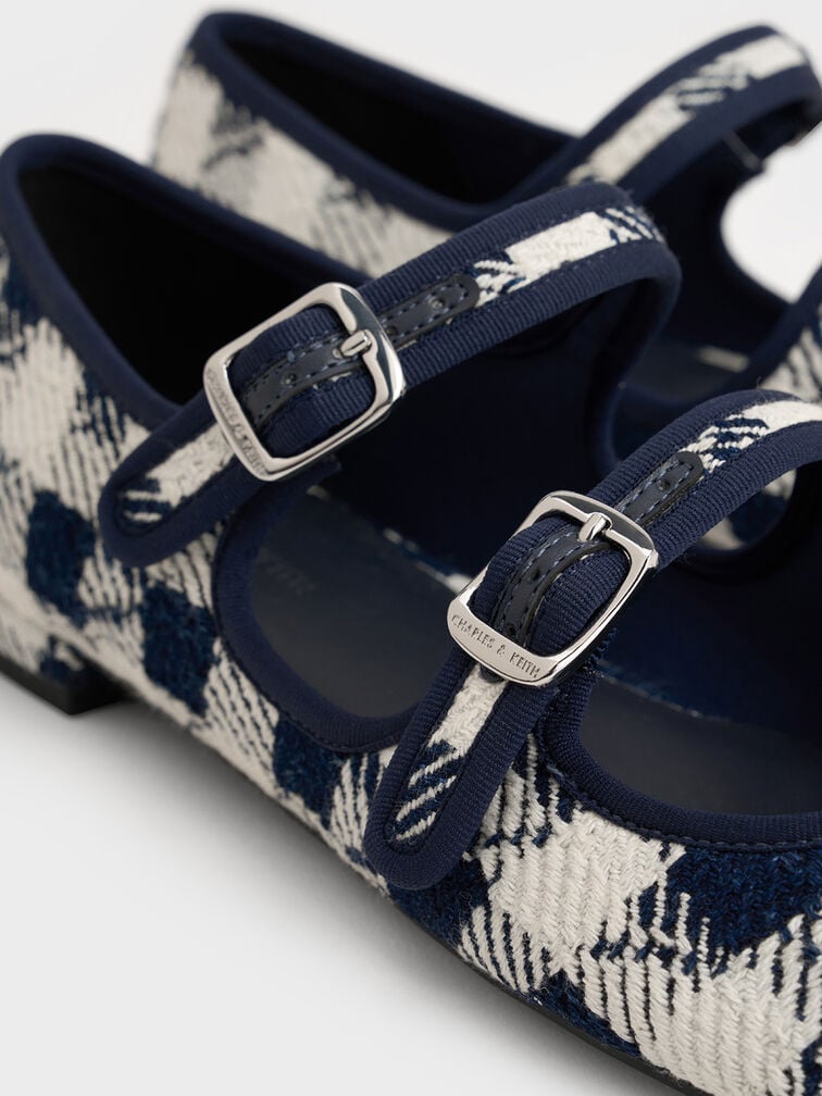 Checkered Double-Strap Mary Jane Flats, Dark Blue, hi-res