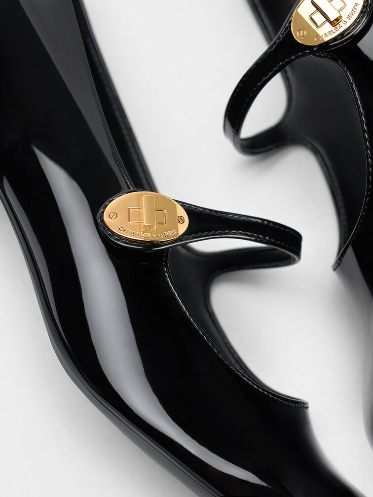 Hettie Patent Metallic-Buckle Block-Heel Mary Janes, Black Patent, hi-res