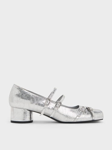 Janis Metallic Crinkle-Effect Double-Strap Mary Jane Pumps, Silver, hi-res