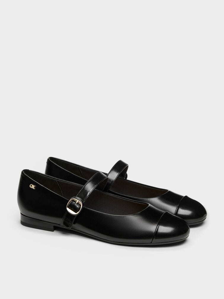 Leather Cap-Toe Mary Janes, Black, hi-res