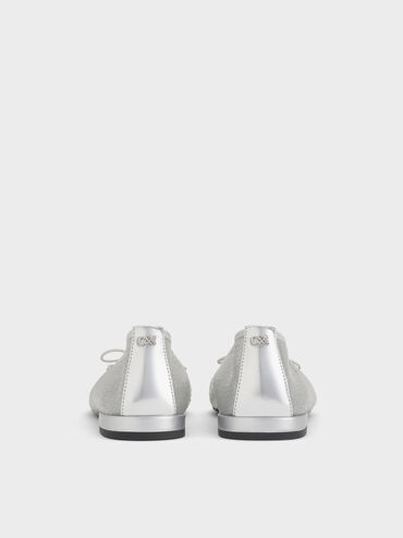 Sequin Mesh & Leather Bow Ballet Flats, Silver, hi-res