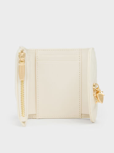 Arrietty Quilted Bow-Heart Charm Curved-Flap Wallet, Cream, hi-res